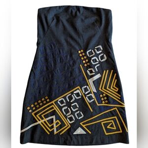 DKNY Strapless Geometric Embroidered Wool Dress | Size 8 | Charcoal Yellow Blue